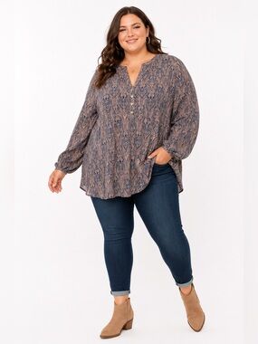 Krazy Kat‎ Paisley Boho Tunic Top 3X Blue Beige bohemian Plus Size chic Blouse
